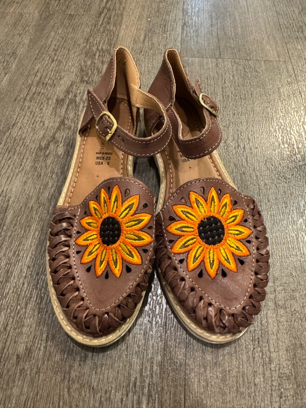 Brown Leather Mexican Sunflower Embroidered  Huarache Sandals